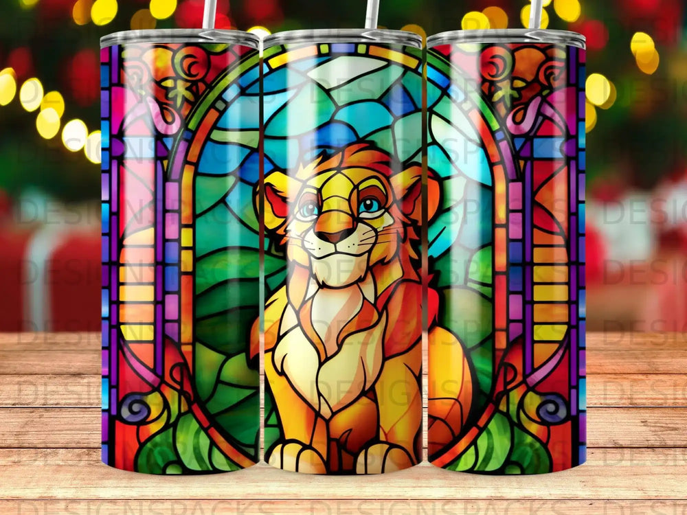 Lion cub in stained glass oval with colorful background.