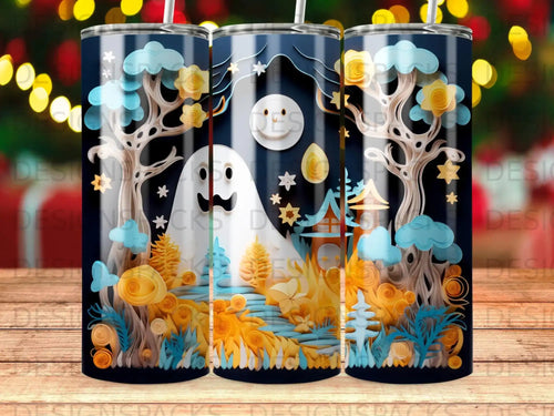 Ghost and layered paper trees in a whimsical forest scene.
