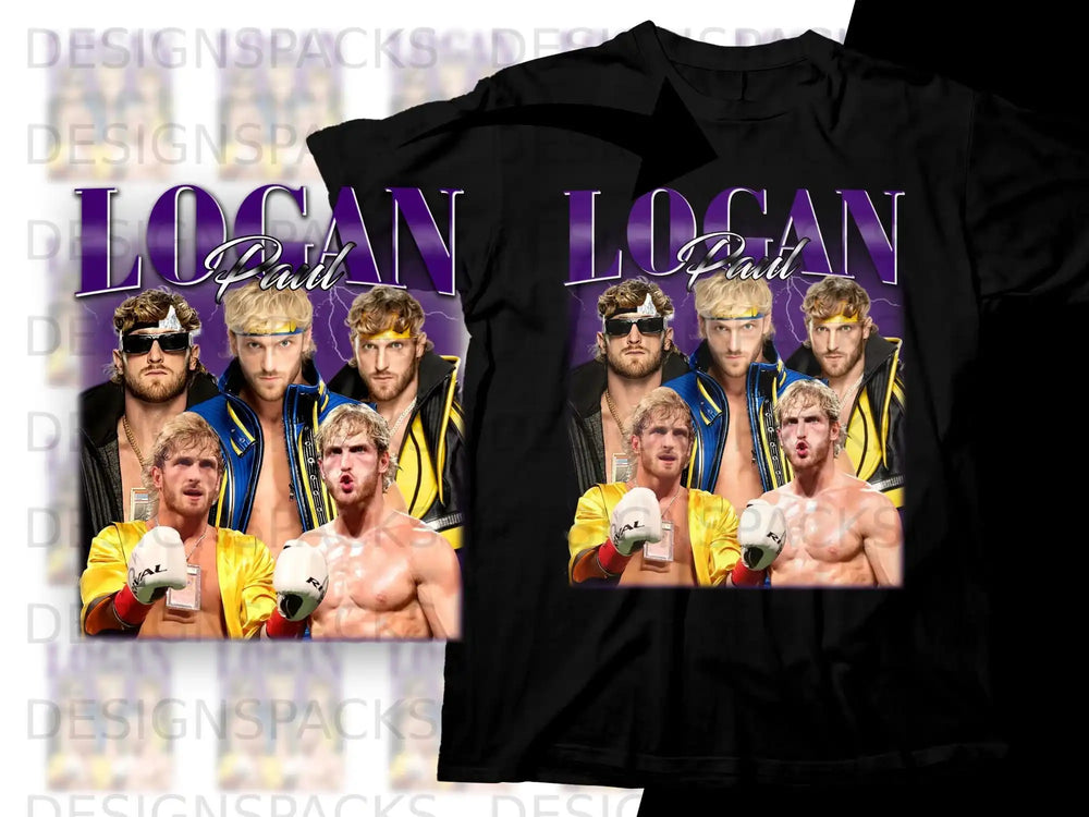 Logan Paul faces in boxing gloves on black t-shirt design.