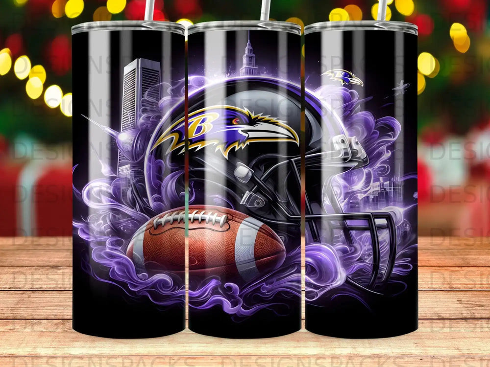 Baltimore Ravens helmet and football surrounded by purple smoke and city skyline.