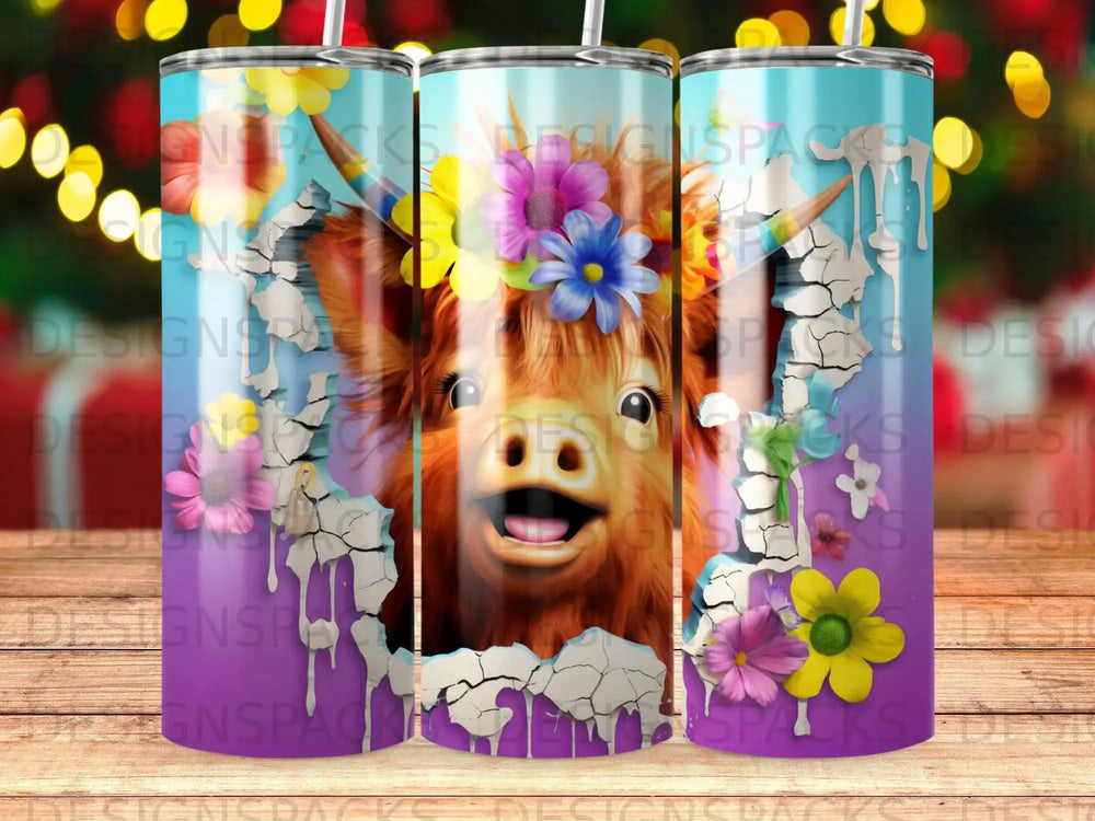 Highland cow with flowers on cracked white paint background.