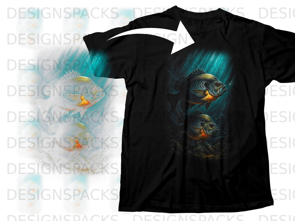 Black t-shirt with two fish swimming underwater graphic design.