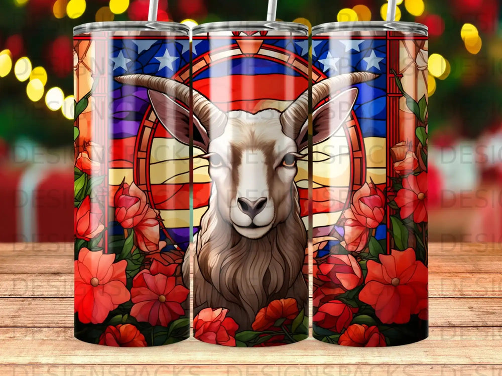 Goat with American flag stained glass and red flowers.