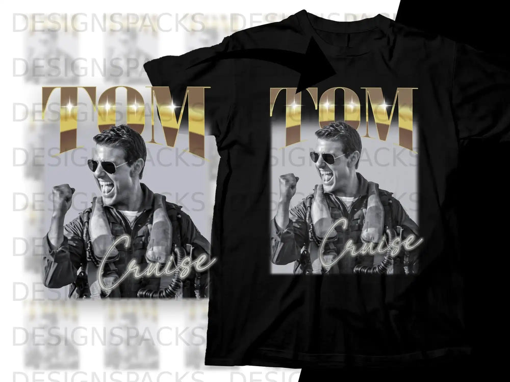 Tom Cruise in Top Gun flight suit, shouting on a black t-shirt design.
