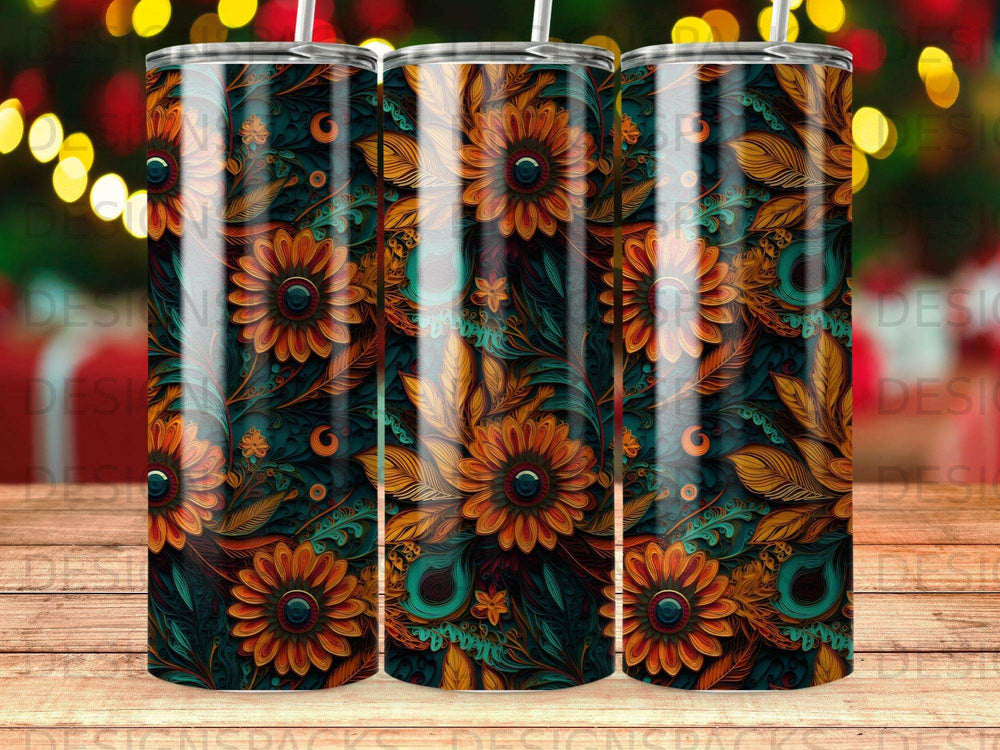 Tapered tumbler with repeating floral and feather pattern in orange, teal, and gold.