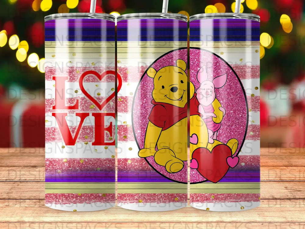 Winnie the Pooh and Piglet with glittery hearts and stripes.
