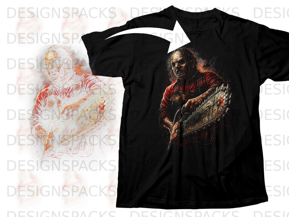 Black t-shirt with a menacing figure holding a bloody chainsaw graphic.