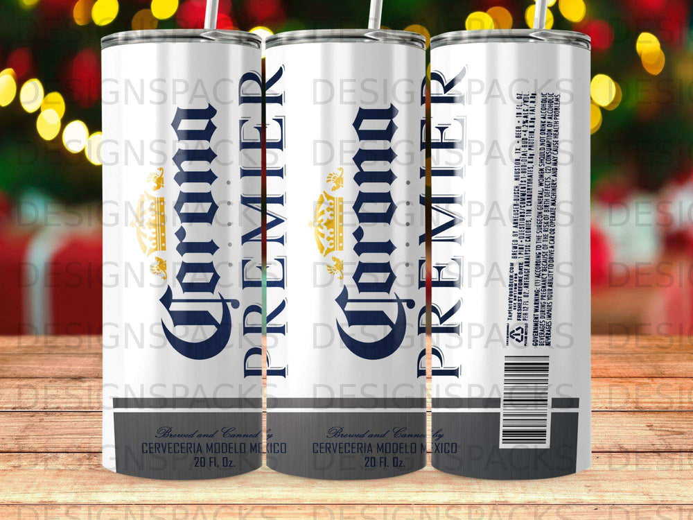 Corona Premier 20 fl oz tumbler with brand logo and ingredient information.