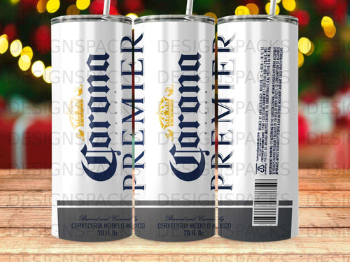 Corona Premier 20 fl oz tumbler with brand logo and ingredient information.