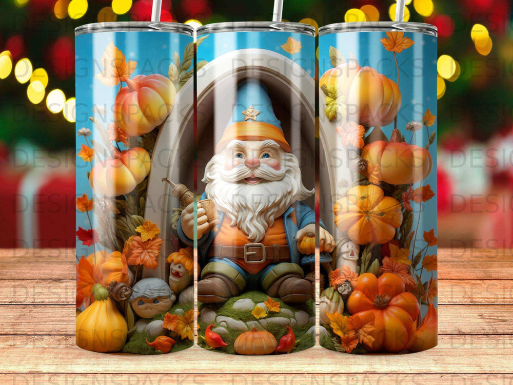 Gnome holding a pipe surrounded by pumpkins and autumn leaves.