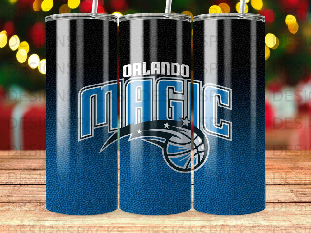 Orlando Magic basketball team logo on a black and blue tumbler.