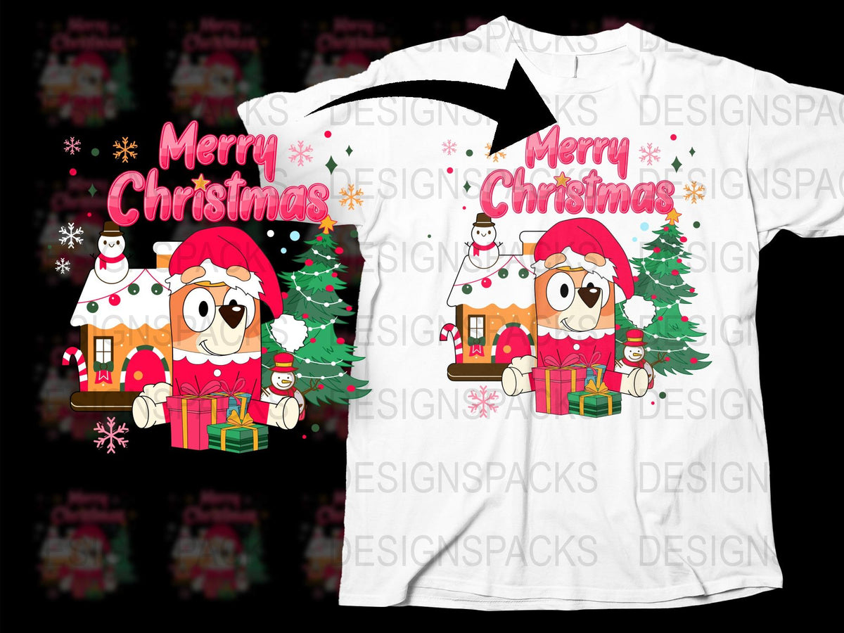 Kids Merry Christmas T-Shirt, Cute Cartoon Holiday Tee, Festive Gingerbread House and Gifts Design, Unisex Children's Apparel