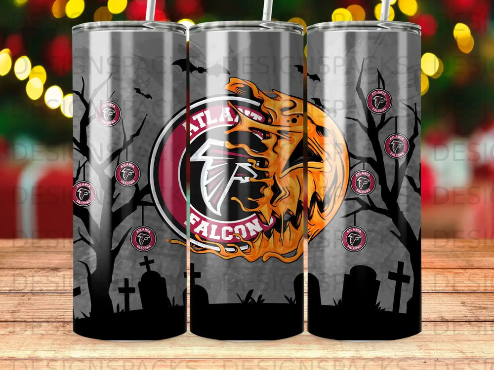 Atlanta Falcons Halloween themed tumbler with bats, tombstones, and trees.