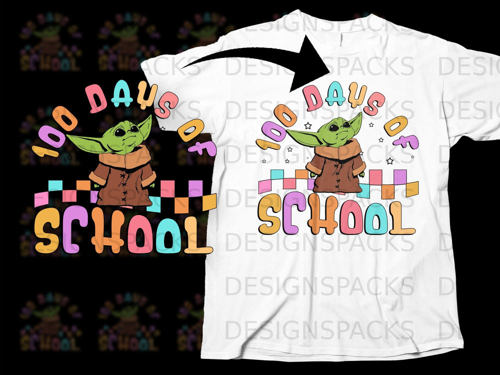Grogu wearing a brown robe with "100 Days of School" text and colorful blocks.