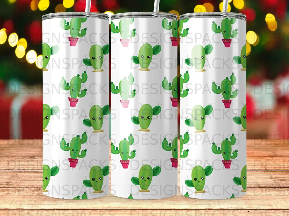 Two tumblers with a repeating pattern of cartoon cacti.