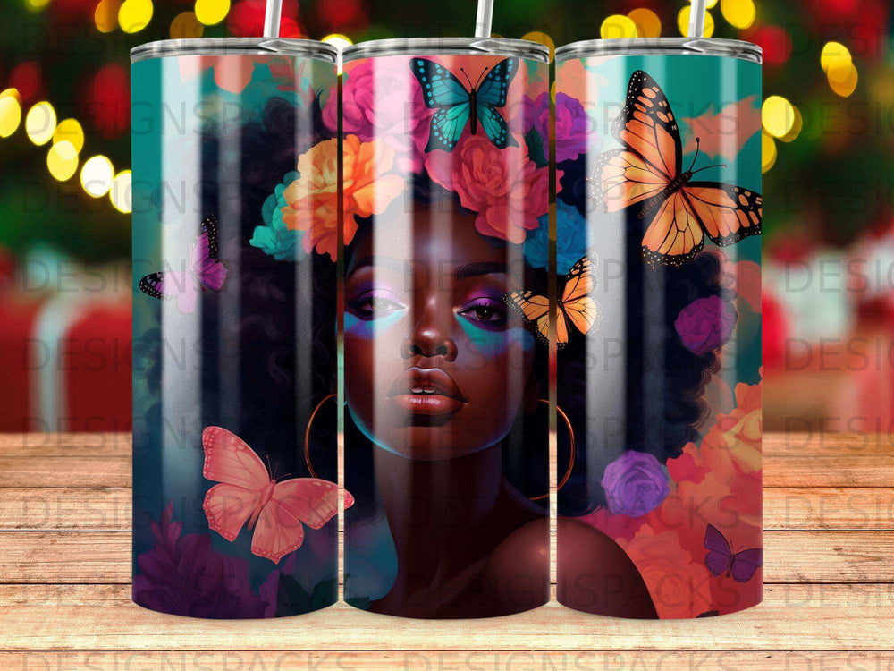 Black woman with colorful flowers and butterflies in hair and on body.