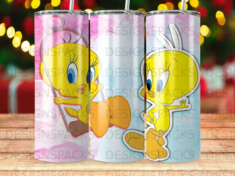 Three colorful tumblers featuring a cartoon bird character.