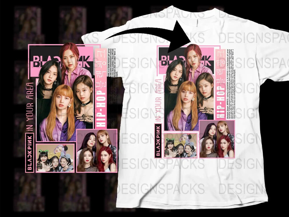 Blackpink K-Pop Band Graphic T-Shirt, Hip-Hop Style, Fan Merch, Pink and Black Colors, Casual Wear