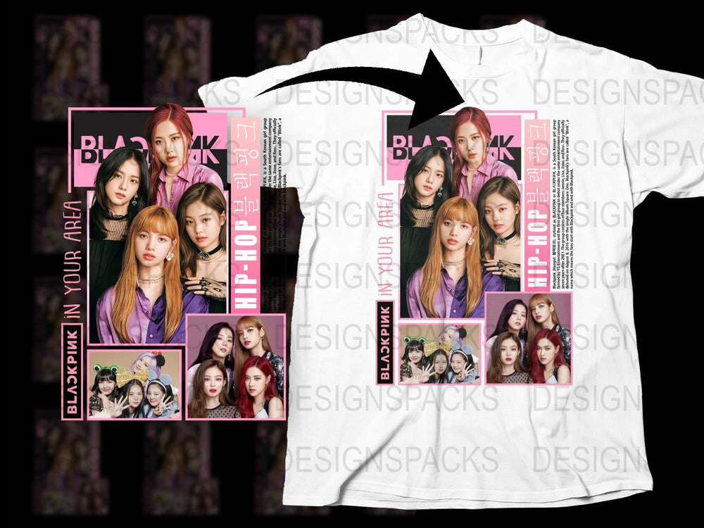 Blackpink K-Pop Band Graphic T-Shirt, Hip-Hop Style, Fan Merch, Pink and Black Colors, Casual Wear