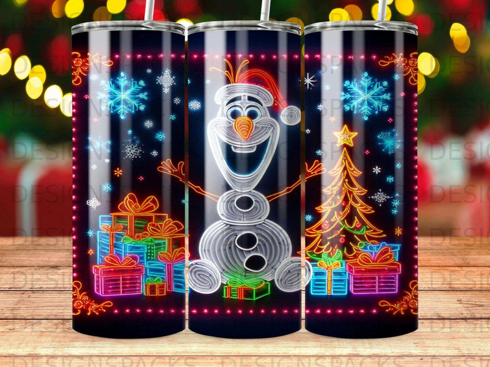Snowman with gifts and Christmas tree, surrounded by neon lights.