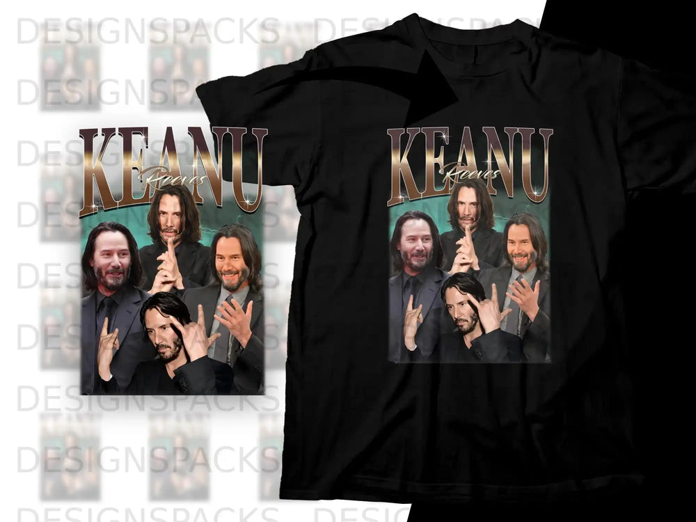 Black t-shirt featuring a graphic of Keanu Reeves with text.