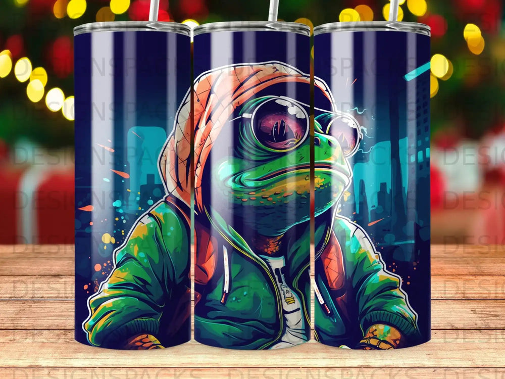 Cartoon frog wearing hoodie and sunglasses, with city skyline background.