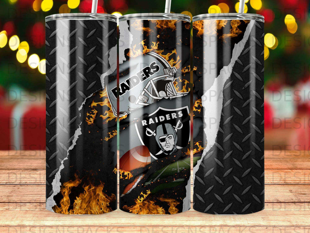Las Vegas Raiders tumbler with diamond plate and flames design.