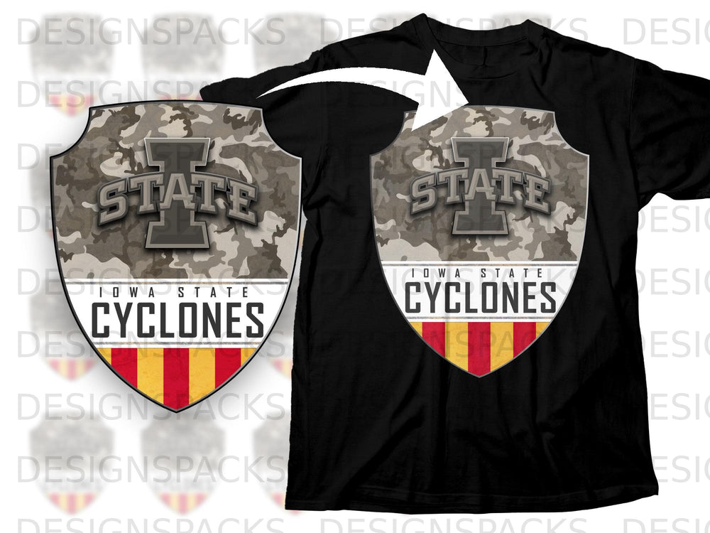 Black t-shirt with a camouflage shield logo for Iowa State Cyclones.