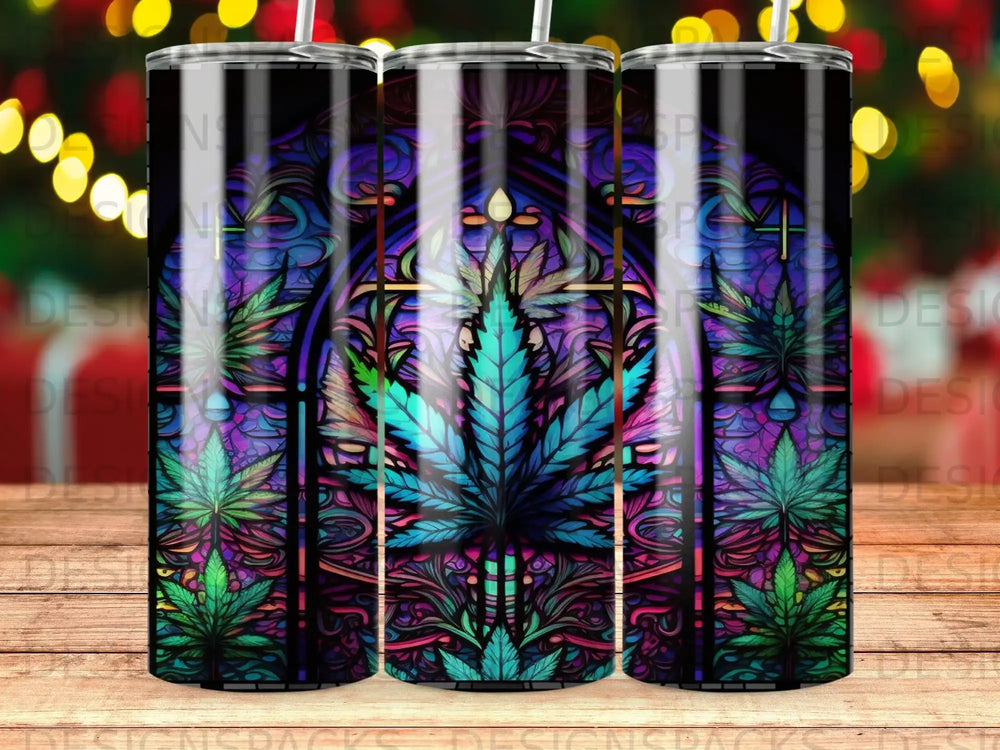 Stained glass pattern with cannabis leaf and glowing Christmas lights.