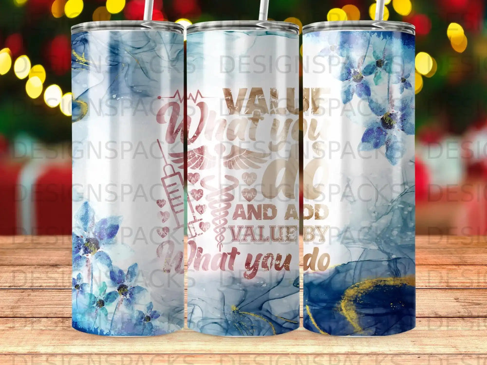Tumbler with floral watercolor design and medical caduceus with text.