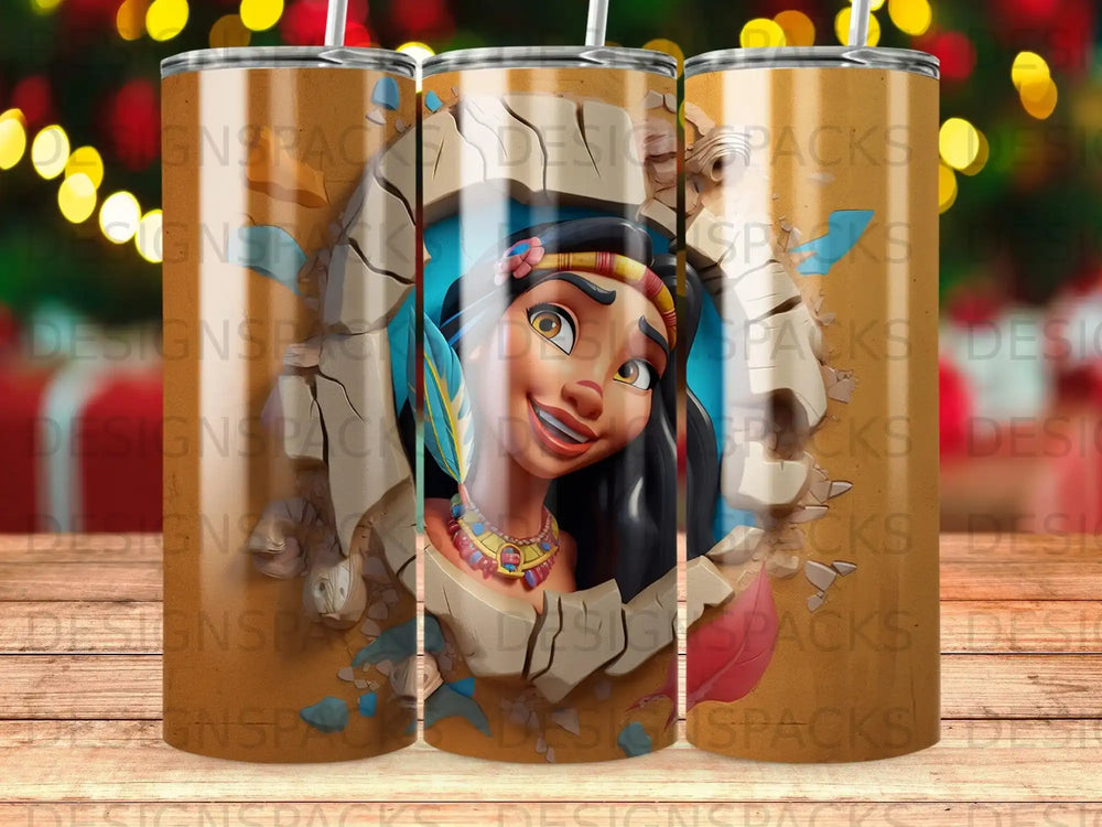 Tangled character Pocahontas peeking through cracked wall on tumbler.