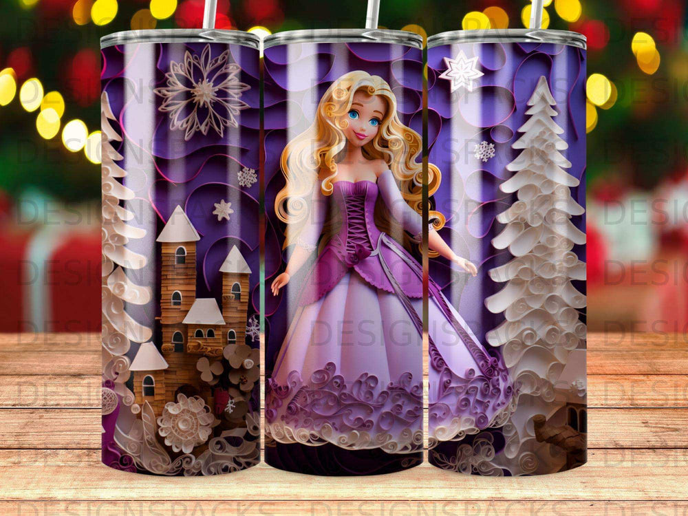 Fairy princess in purple dress with castles and snow-covered trees.