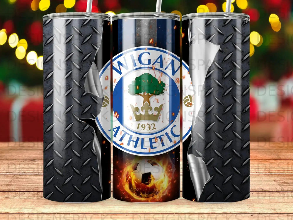 Wigan Athletic FC logo with fiery soccer ball on diamond plate texture.