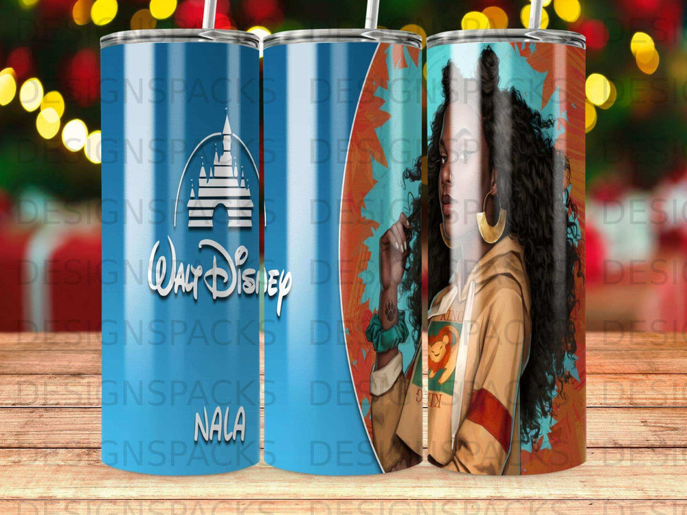 Disney's The Lion King Nala character on a blue patterned tumbler.