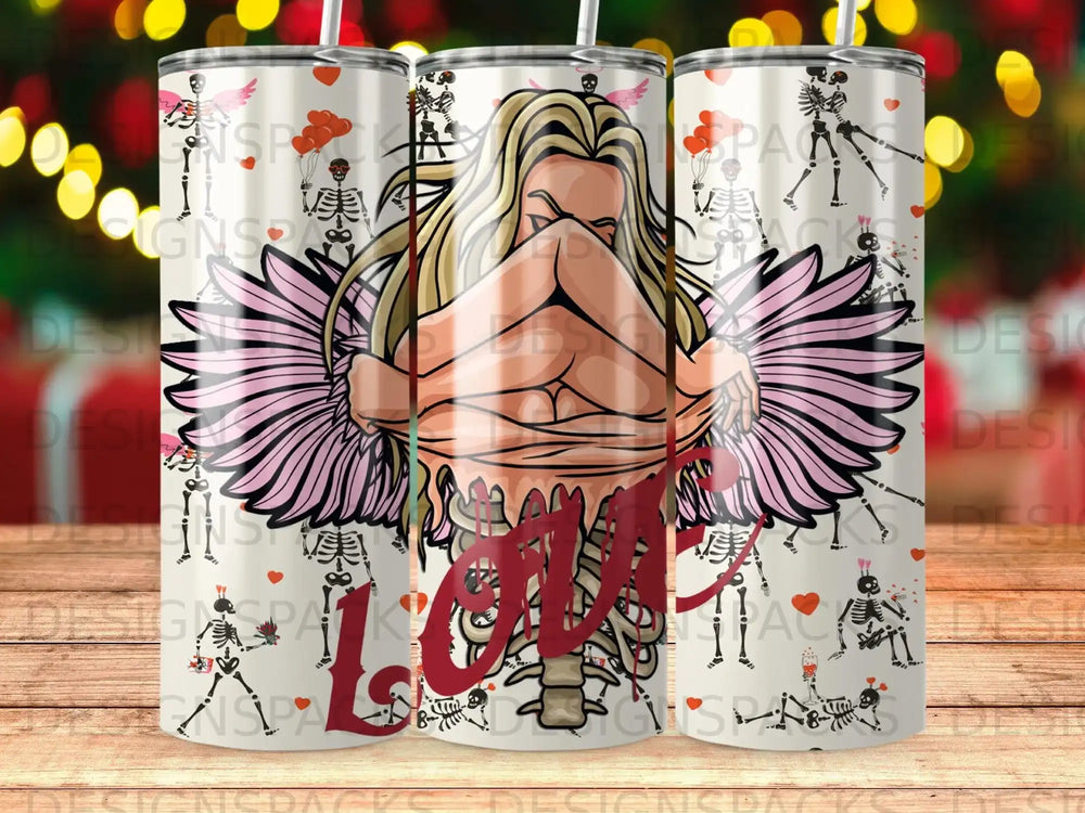 Cup with skeleton angel wings, bones, and red "Love" text.