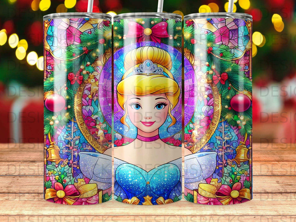 Cinderella in a stained glass window with Christmas ornaments and bows.