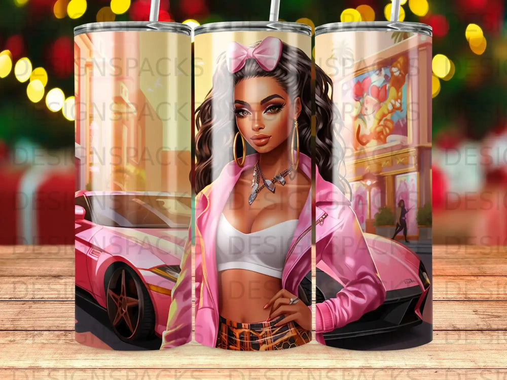 Pink bomber jacket and gold jewelry on woman with pink car in background.