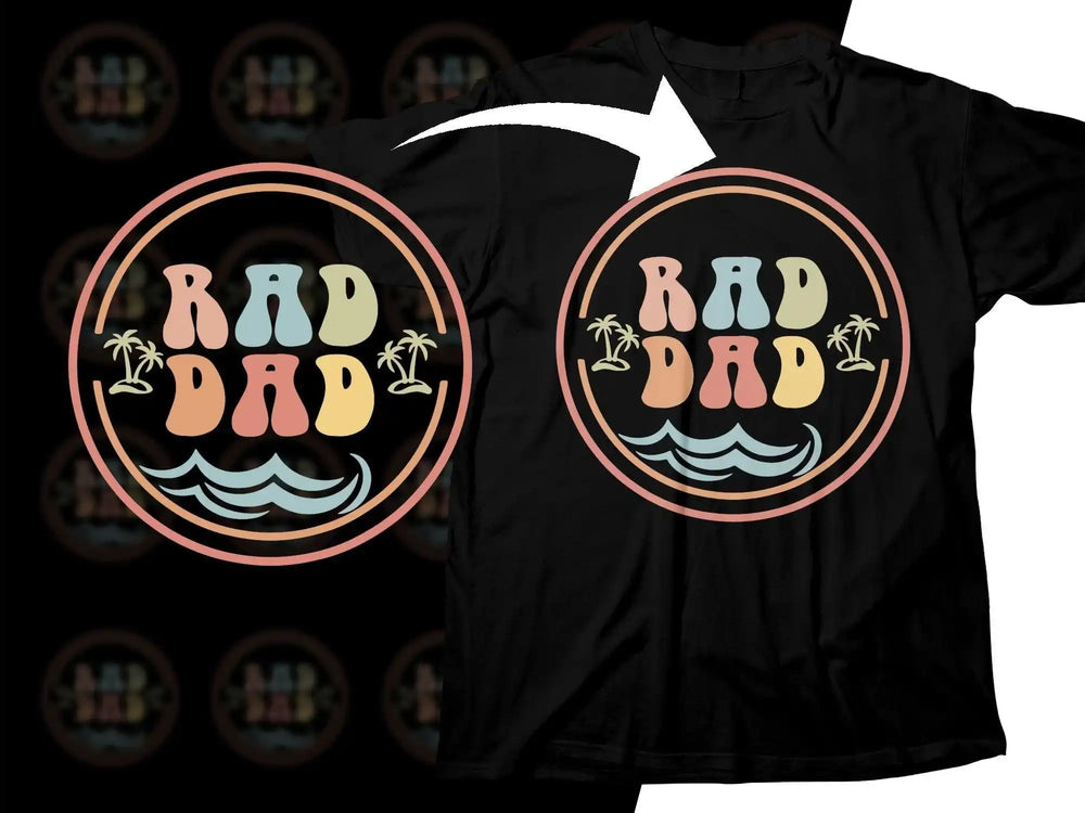 Rad Dad t-shirt design with palm trees and waves, print-ready for DTF/DTG