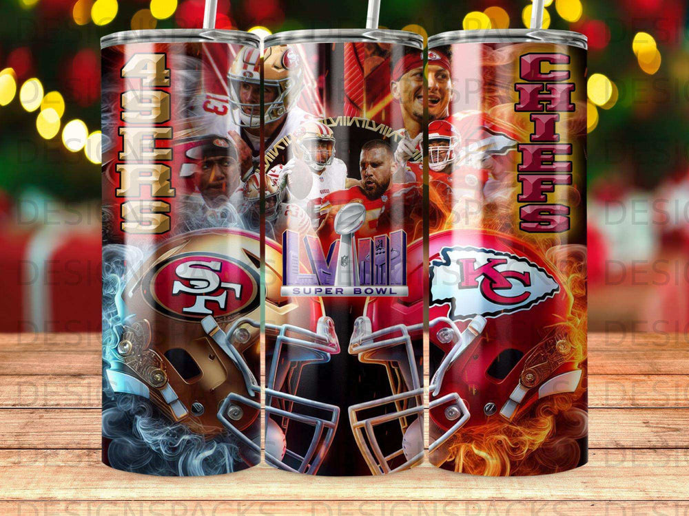 Kansas City Chiefs Super Bowl LIV champions tumbler with team logos and helmets.