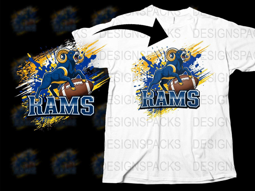 Rams Football T-Shirt, Blue and Yellow Mascot Design, Sports Fan Tee, Casual Wear