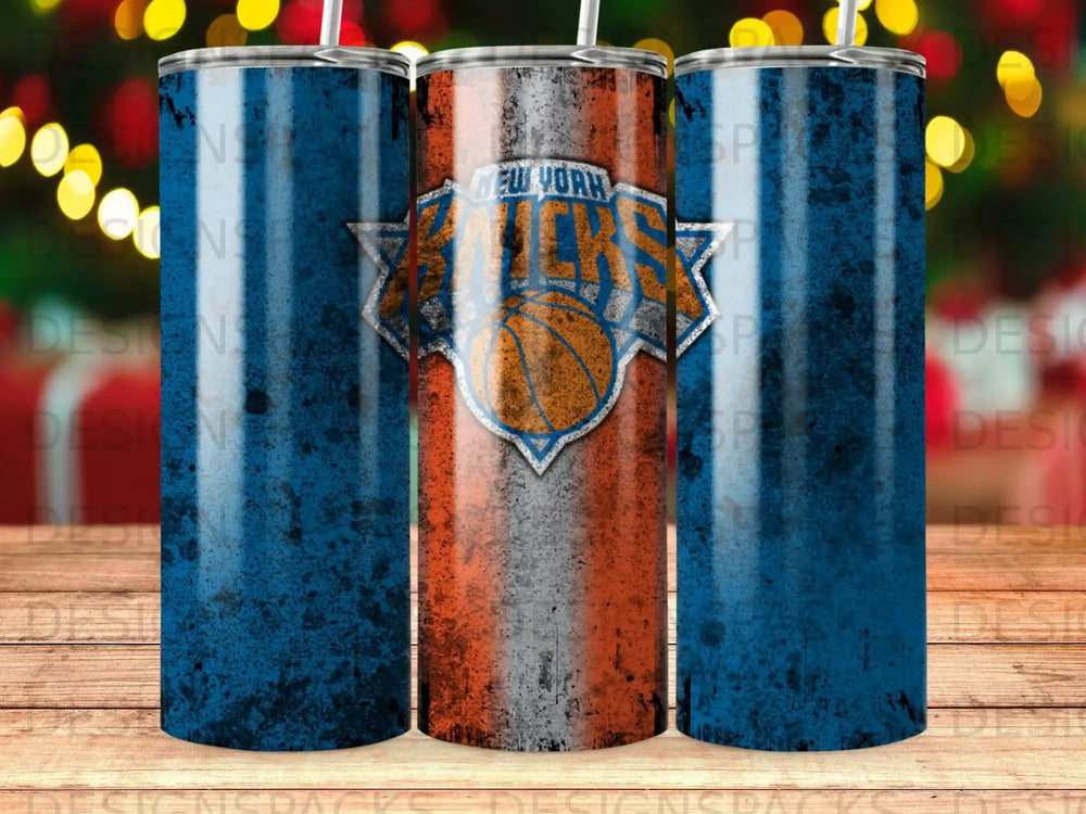 New York Knicks basketball team logo on three distressed blue and orange tumblers.