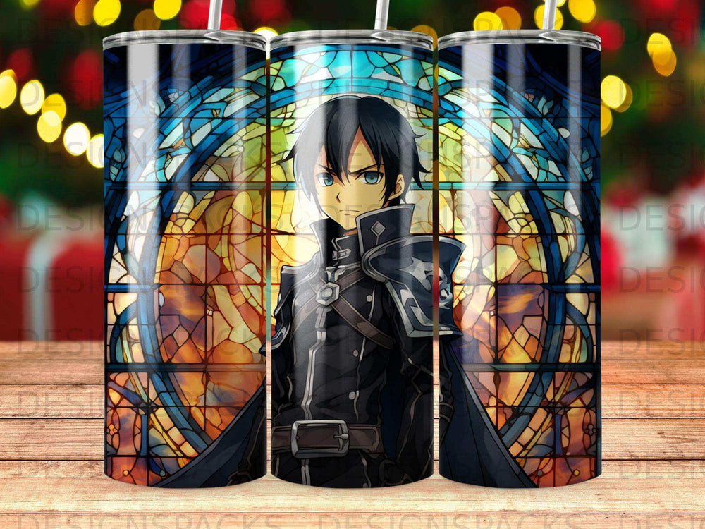 Anime character in black armor before a stained-glass window.