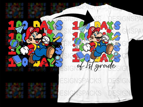 Kids Super Mario 100 Days of School T-Shirt, Colorful Cartoon Character Tee, First Grade Celebration Shirt