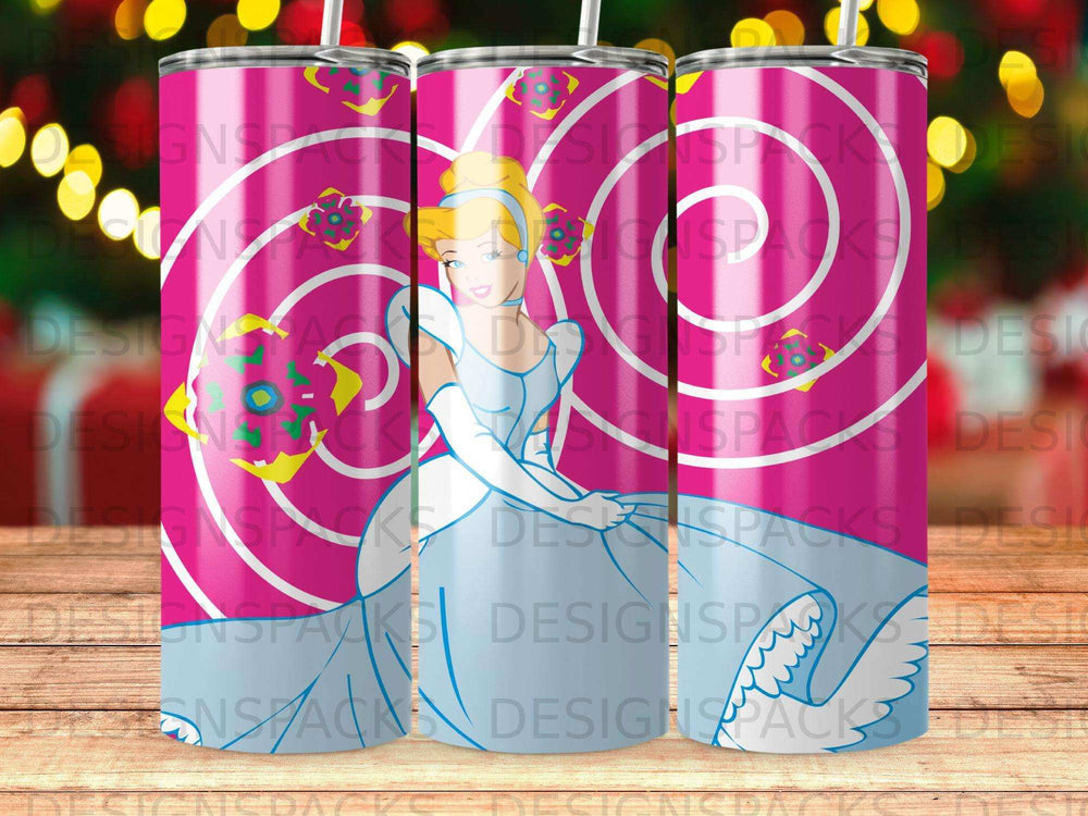 Cinderella in blue gown with castle and sparkles on pink background tumbler.
