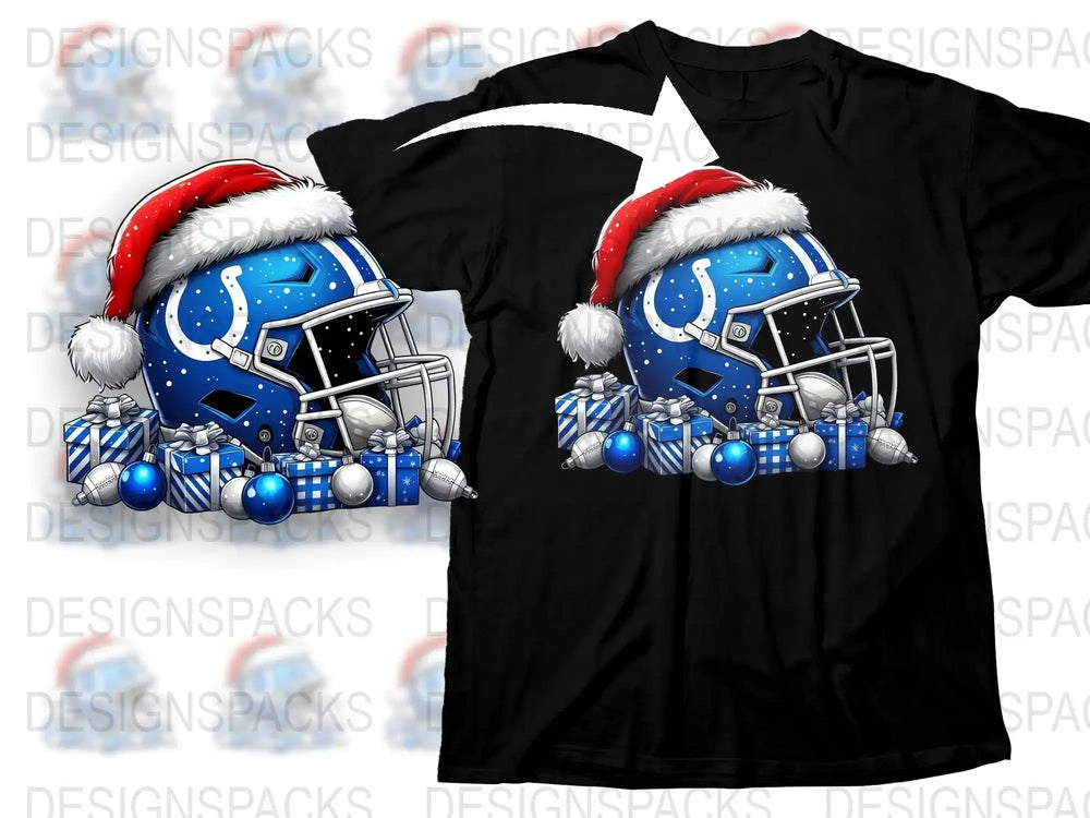 Football Helmet Christmas T-Shirt, Blue Holiday Graphic Tee, Festive Sports Apparel, Santa Hat Design