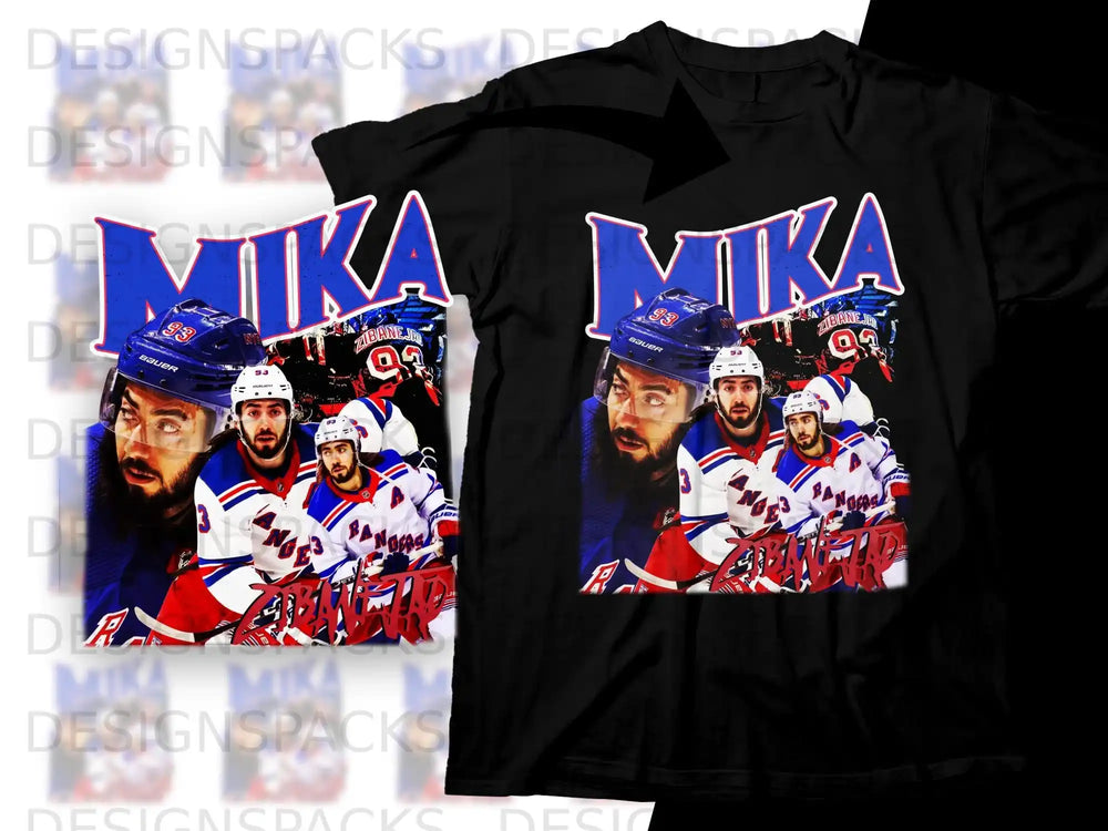 Black t-shirt with "MIKA" and hockey player graphics, featuring player number 93.