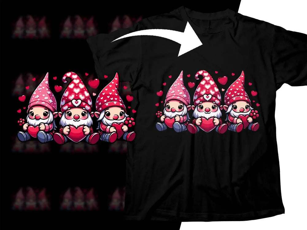 Cute Valentine's gnomes holding hearts on black t-shirt, print-ready design
