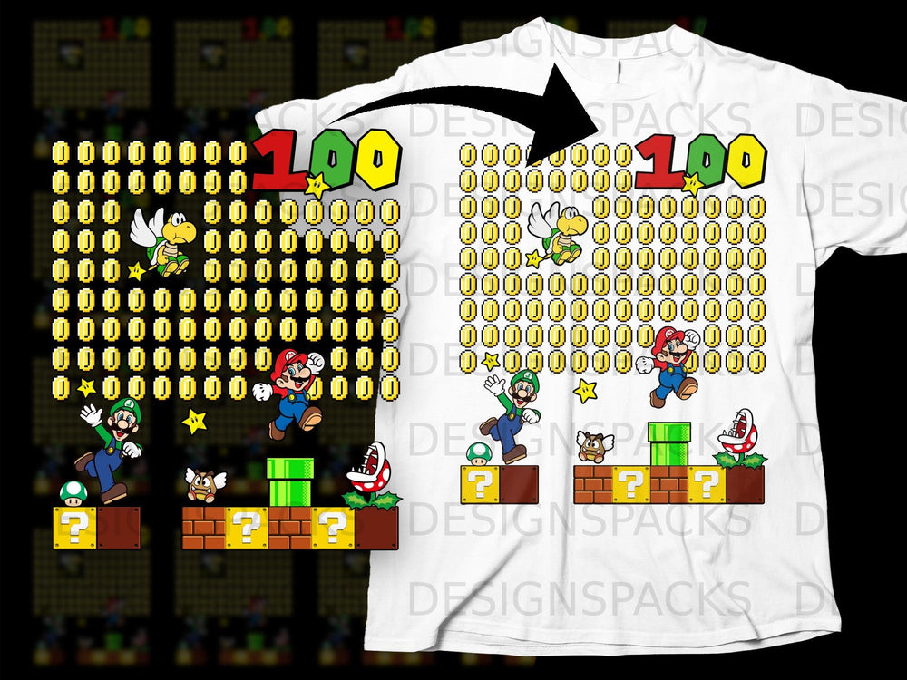 Mario and Luigi characters with 100 coins and game elements on a t-shirt.