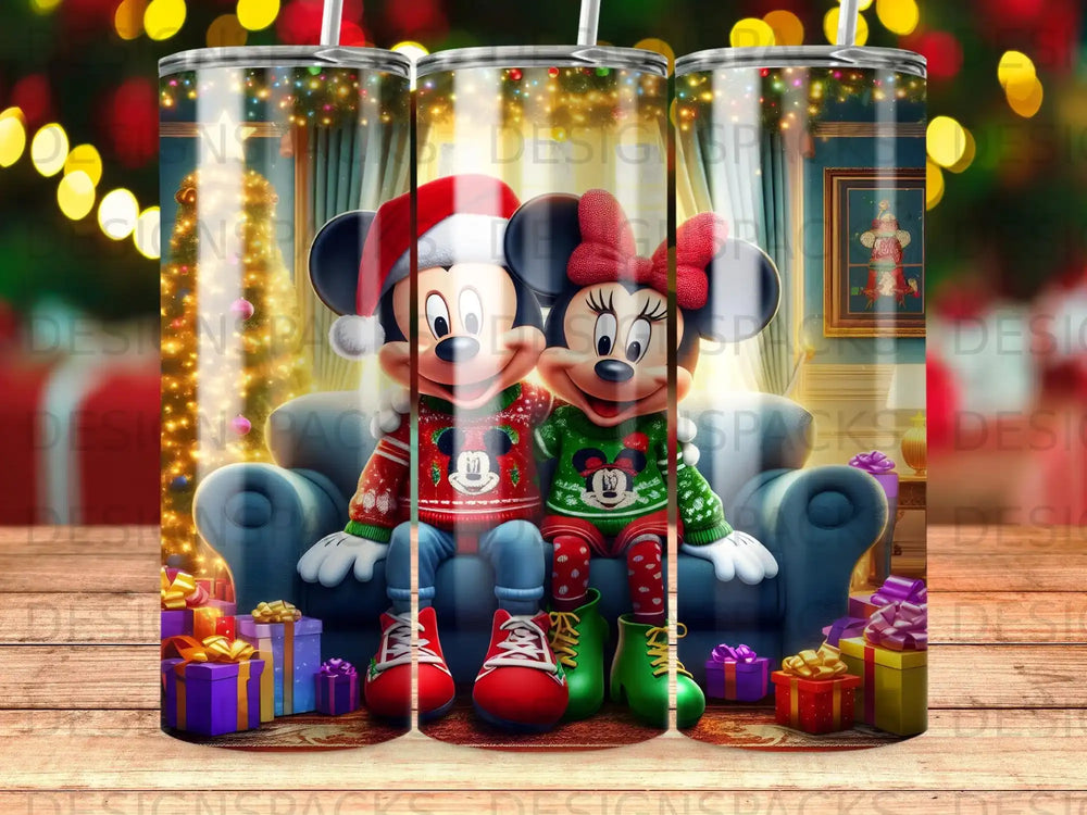 Mickey and Minnie Mouse in festive sweaters and hats sitting on a couch.