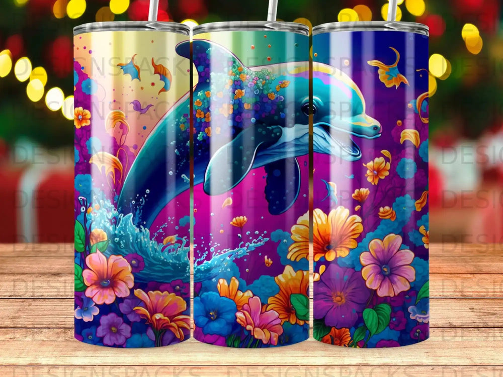 Dolphin leaping through colorful flowers and water splashes.